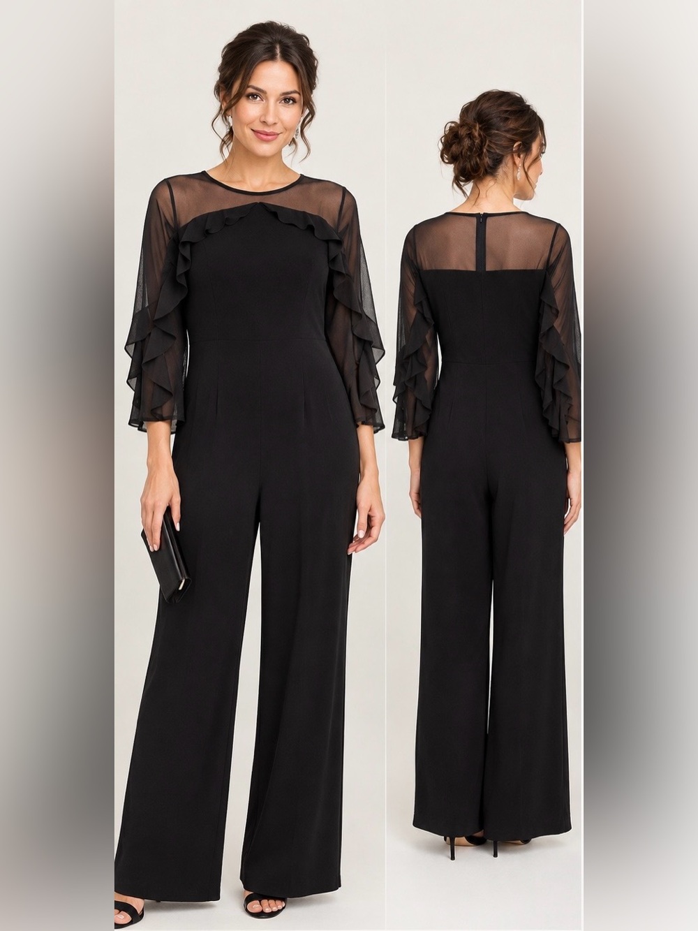 R&M Richards Black Illusion Ruffle Jumpsuit 14P